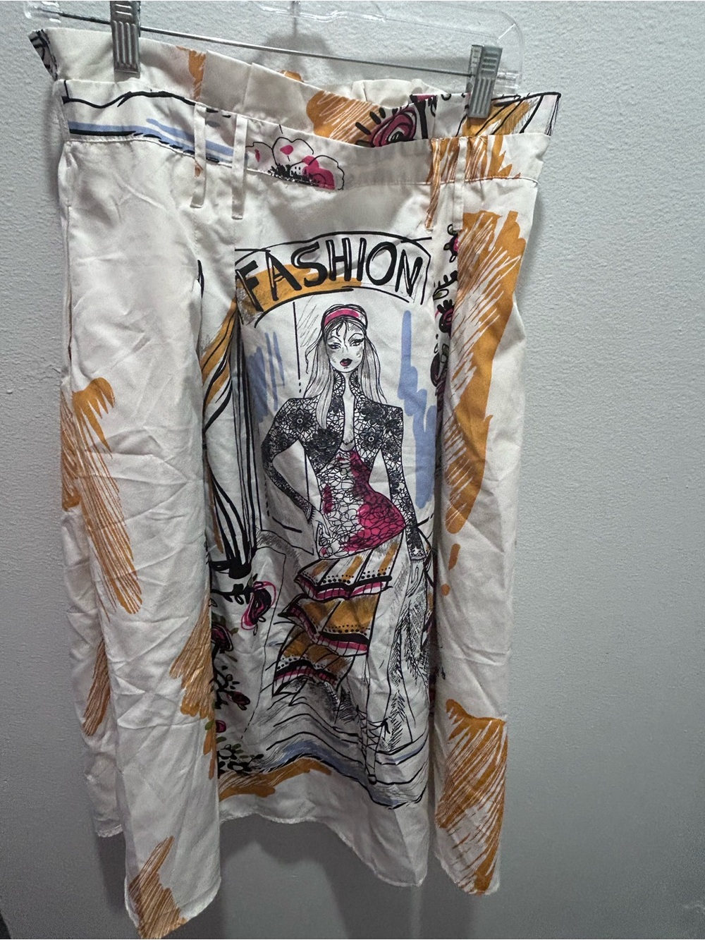 White Midi Skirt with Graphic Fashion Print and Pink & Mustard Accents